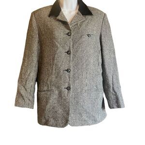 Hunt Club Vintage Black White Plaid Wool Blend Suede Collar Blazer 12 Equestrian